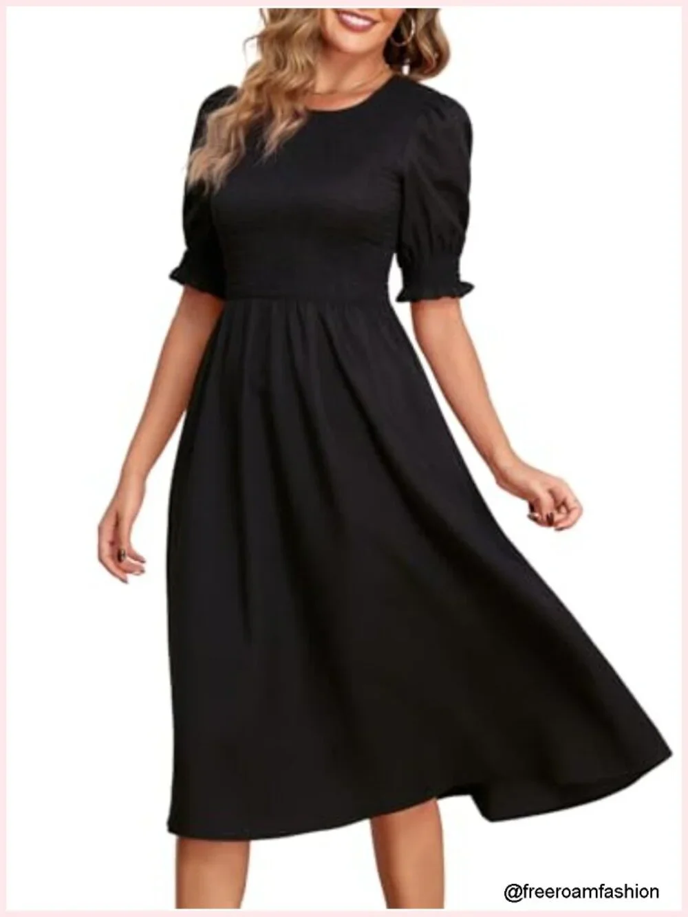 Women Casual Summer Midi Dress Crewneck Puff Sleeve A-Line with Pockets Smocked